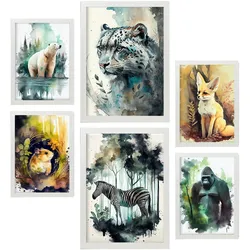 POSTER Set Mit 6 Norden Und Süden Illustrationen Von Tieren In Naturlandschaften, Realistischer Aquarellstil Innenarchitektur A3 & A4 Weißer Rahmen