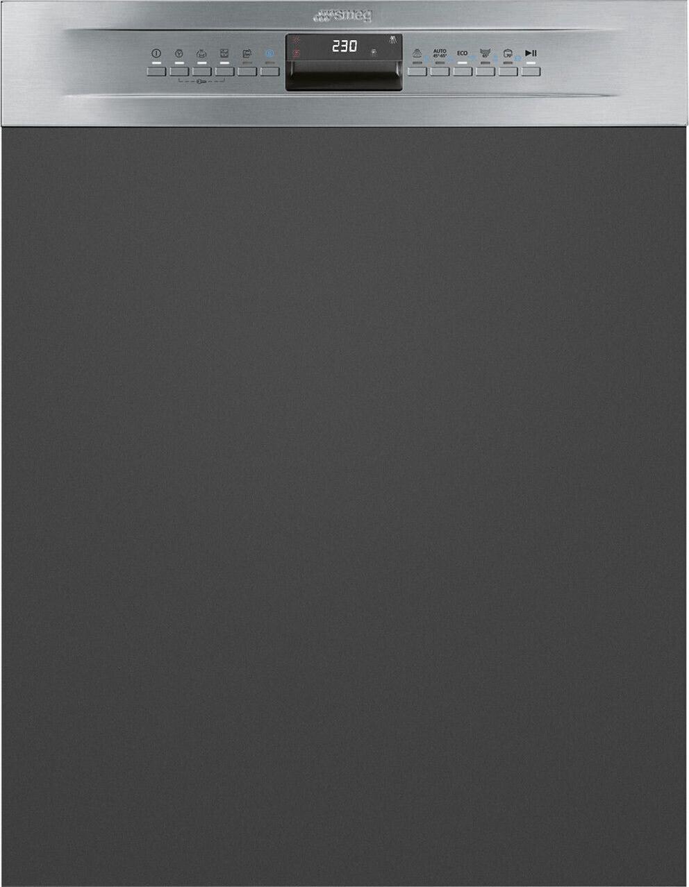 Smeg PL234CXDE GeschirrspÃ1/4ler, Edelstahldekor, 59,8 cm Breite, 13 Maßgedecke, 7 Temperatureinstellungen, 9 Programme, , 8,5 Liter/Programm, 73 kWh/100 Zyklen, 43 dB, Programm fÃ1/4r halbe Beladung, Startzeitvorwahl, Wasserauslaufschutz