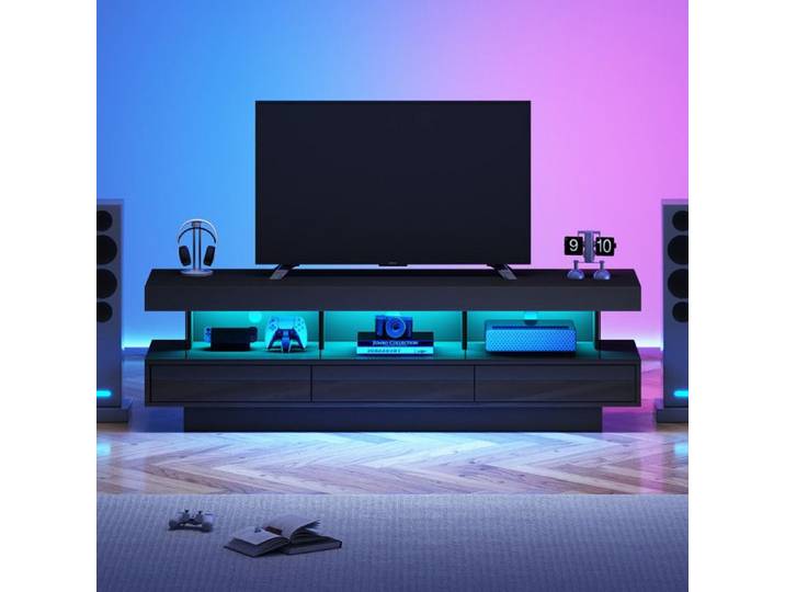 Meuble TV Meuble TV Bois avec LED Banc TV Noir avec 3 Compartiments Ouverts en Verre pour Salon Chambre 160x38x50cm Noir
