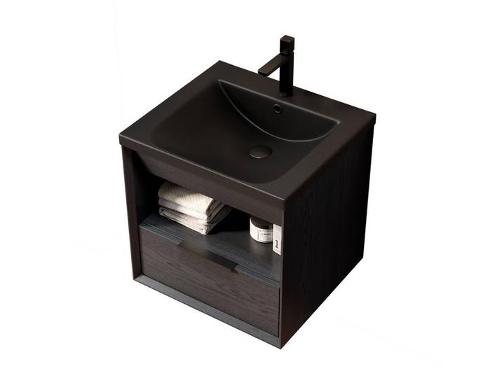 Modfu Waschtischunterschrank 51.5x47x51.5cm Schwarz/Dunkleiche mit integrierter Keramikspüle, 51.5x51.5x47 cm, Badezimmer, Waschbecken & Armaturen, Waschtische