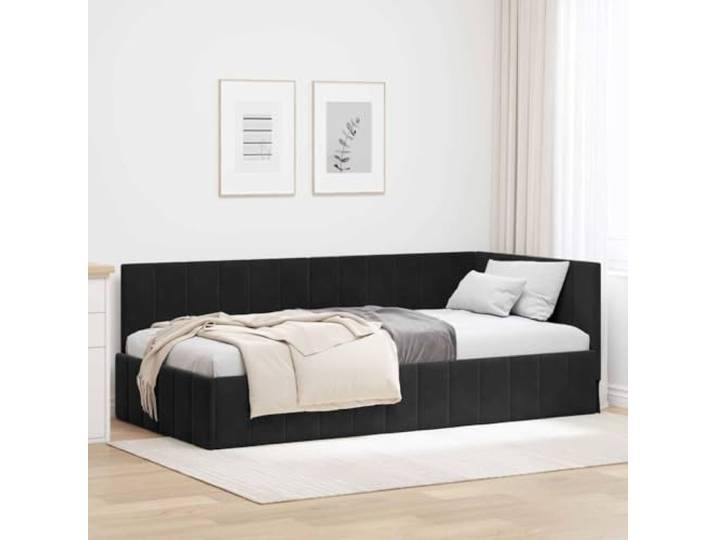 Samt Eckbettrahmen L förmig platzsparend Polsterbettgestell Schwarz 90x190 Eckbettgestell mit Kopfteil Schwarz 90x190 cm Samt L-Form Stabil Stauraumsparend Schlafsofa Gästebett Modern