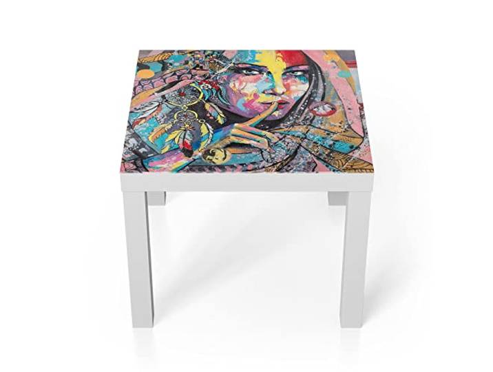 DEQORI Glastisch weiß klein 55x55 cm Motiv Indigene Schönheit ausgefallener Beistelltisch aus Glas Hochglanz Couchtisch fürs Wohnzimmer moderner Couch Tisch mit Design