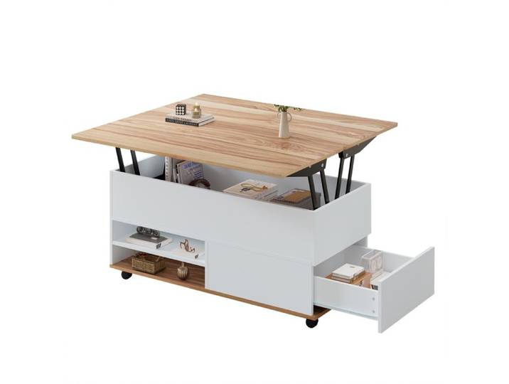 Table basse relevable 1 tiroir rangement roulettes 100 × 98 × 65 cm blanc et bois naturel