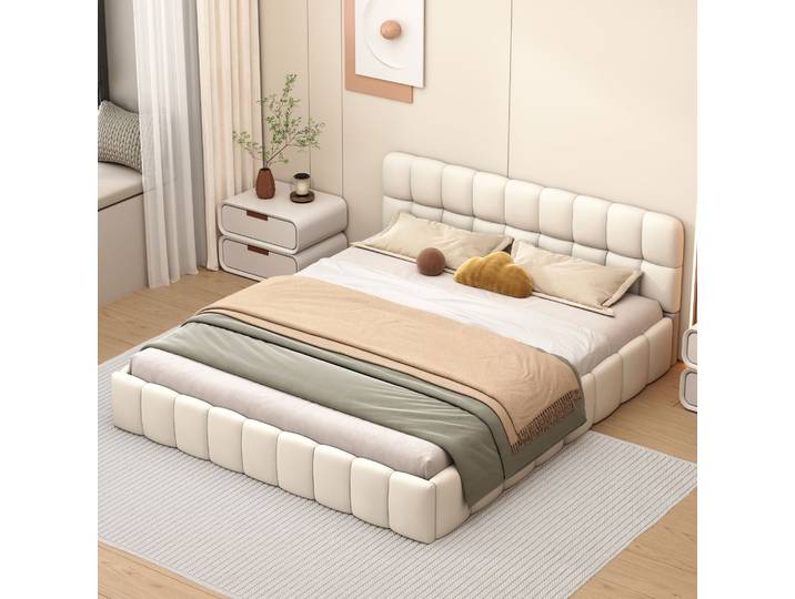 Rosahqnda Lit rembourré à dossier souple Lit double Lit plat Bordure rembourrée Linge à lattes sans matelas