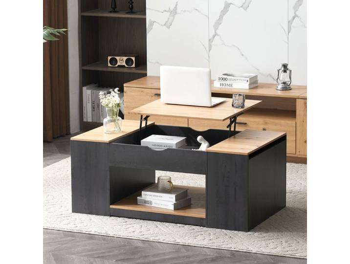 Table basse relevable 110 x 60 x 43 cm Table basse bois salon avec 1 plateau relevable et 3 compartiments caché