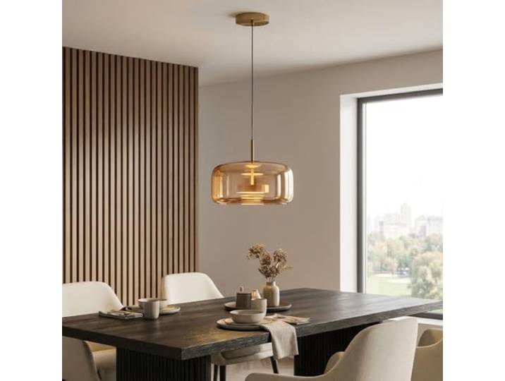 Alpinaluz Lampe Suspension LED Ø37 cm en Cristal Ambre avec Télécommande\, 25W CCT Réglable de 2700K à 6500K\, Intensité et Tonalité Ajustables\, Design Moderne en Laiton Brossé pour Salon Élégant