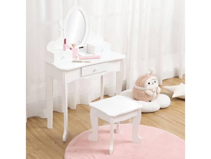 BALOVEBY Coiffeuse Enfant en Bois avec Miroir & Tabouret Table Maquillage Fille 4-9 Ans Blanc