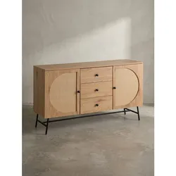Sideboard – Eiche-Dekor/Rattan, 140x80x40 cm, 2 Türen, 3 Schubladen, hoch