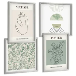 BILDER SET 4er Set - 50x50 cm & 40x60 cm Silberner Rahmen - Linien, Pflanzenmuster, Minimalismus