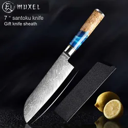 Muxel Santoku Damastmesser, das Koch und Küchenmesser mit exklusiven, unikaten Holzgriff
