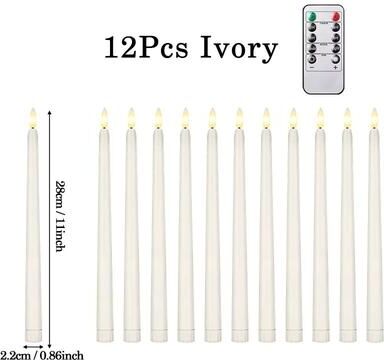 Inspire Select Flameless LED Taper Candles With Remote 3D Flickering Battery Operated Candles For Home & Event Decor ivory 12pcs