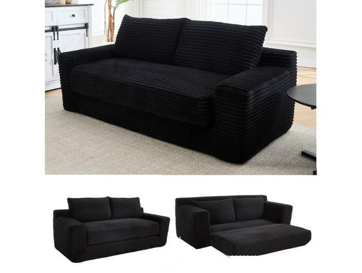 Canapé-lit 2 places convertible mémoire de forme en tissu velours côtelé noir compact et sans montage ORVRYN