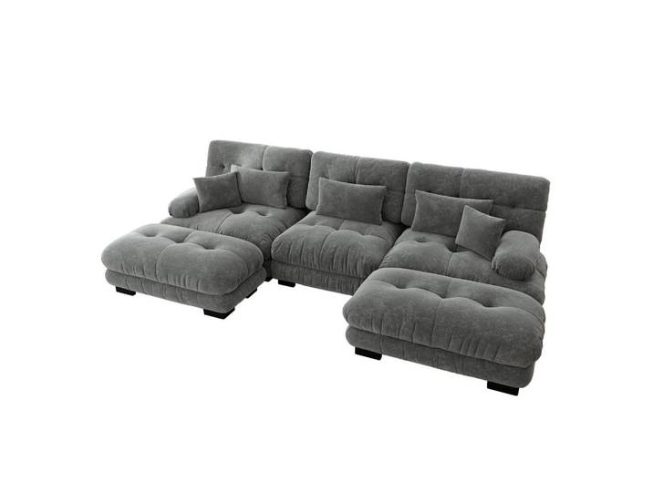 Wishdor Wohnlandschaft Chenille Grau mit Ottomanen, Rechteckig, 313x81x145 cm, Wohnzimmer, Sofas & Couches, Wohnlandschaften, Wohnlandschaften in U-Form