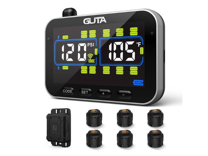 GUTA Système de surveillance de la pression des pneus pour camping-car/remorque avec 6 capteurs, surveillance en temps réel de 0 à 188 PSI, 6 alarmes, écran couleur LCD, répéteur, communication longue distance, prise en charge jusqu’à 24 pneus, GT20C+6GS0