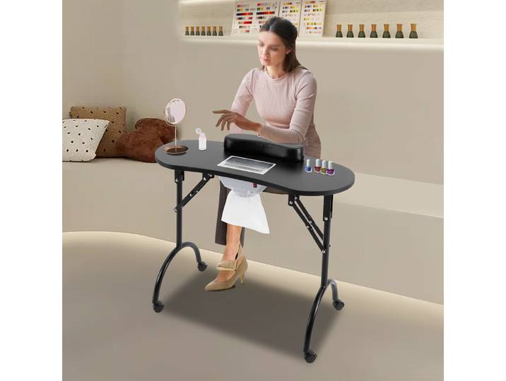 Table de manucure professionnelle pliable avec ventilateur, noir, portable, sur roulettes, pour salon de beauté et domicile
