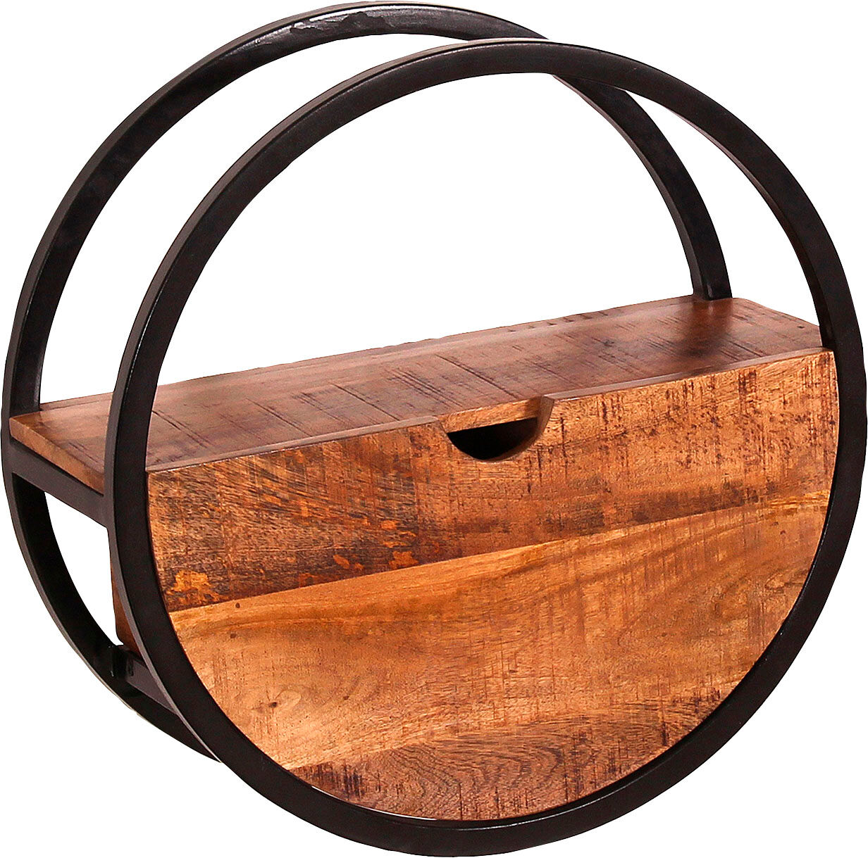 Wandregal SIT "Salvador aus Mangoholz mit Schublade & Metall", schwarz (natur, schwarz), B:50cm H:50cm T:20cm, Massivholz, Metall, Regale, Wandregal, Rundes Design mit Schublade aus massivem Mangoholz