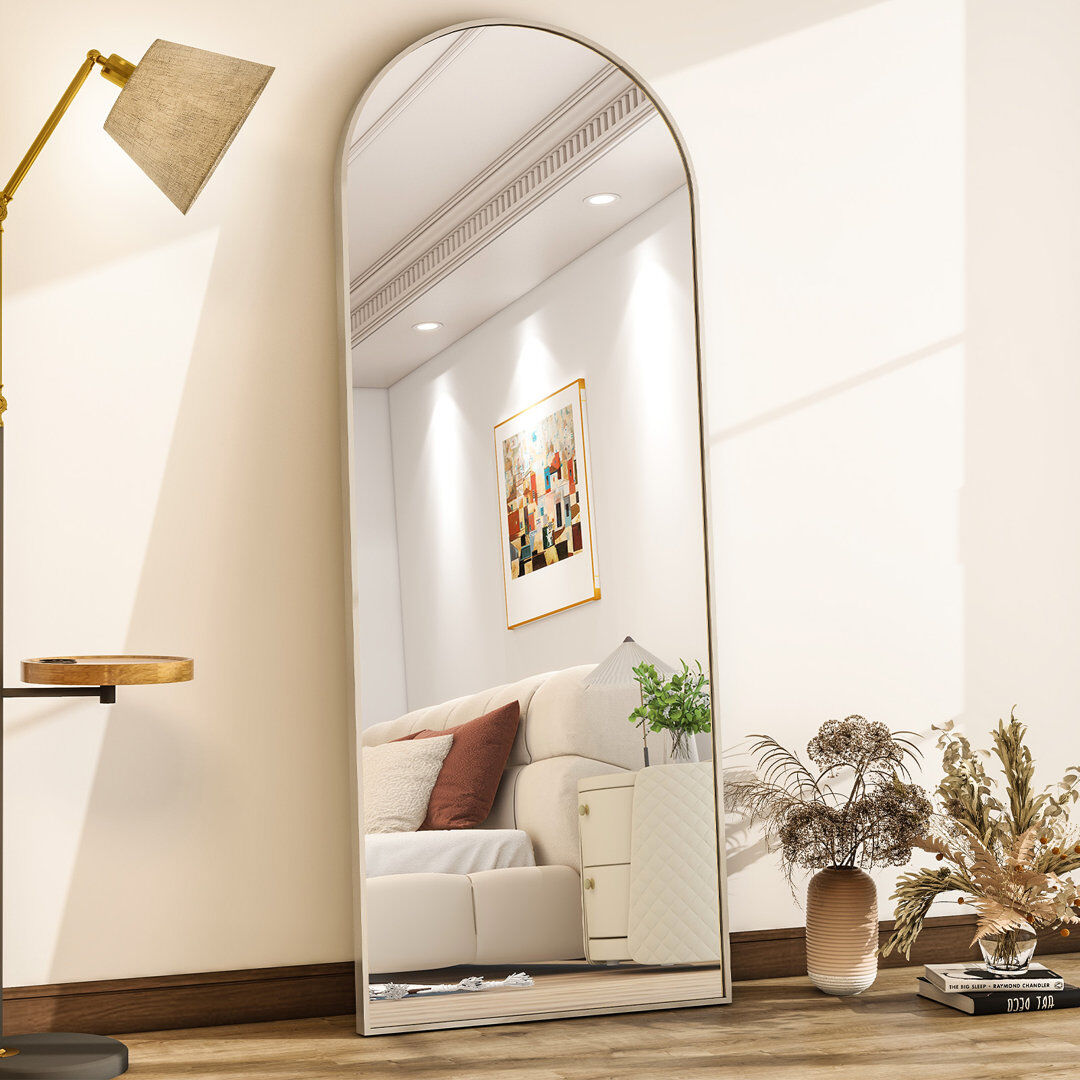 GLSLAND Arched Aluminum Alloy Framed Full Length Mirror with Stand Large Wall Mirror Silver 177.8cm H x 66cm W