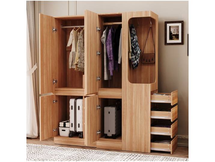 VUENOR Armoire de chambre 140 x 40 x 170 cm décor bois naturel avec 4 tiroirs et penderie ouverte