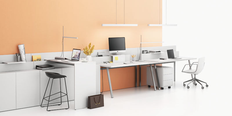 PLAN Büroschreibtisch DOUBLE LAYERS, 160x160 cm, mit Schiebeplatte und Trennwänden, weiß