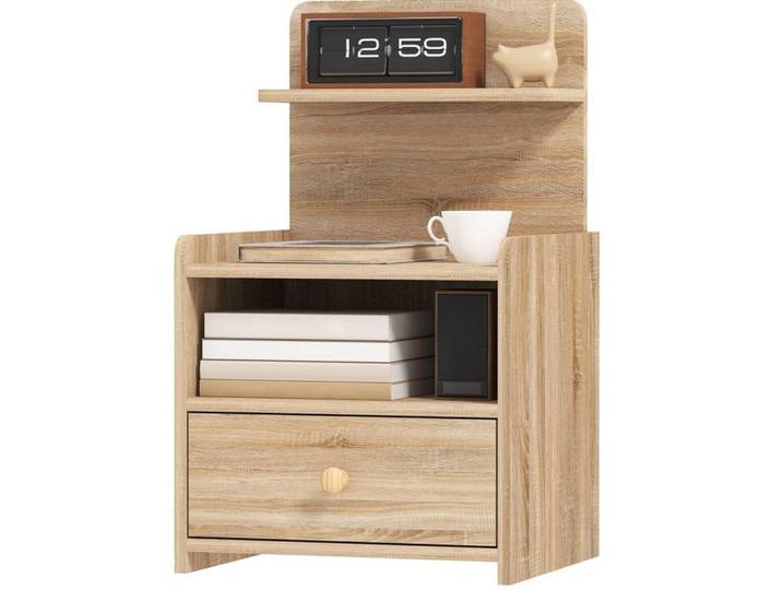 Modfu Nachttisch aus melaminbeschichteter Spanplatte 35x40x66 cm Naturholz mit Schublade und Fach, kippsicher, Nussbaumfarben, 40x66x35 cm, Schlafzimmer, Nachtkästchen