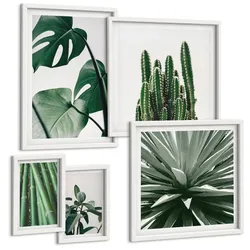 BILDER SET 5er Set - 50x50 cm & 20x30 cm & 40x60 cm Weißer Rahmen - Bambusblätter
