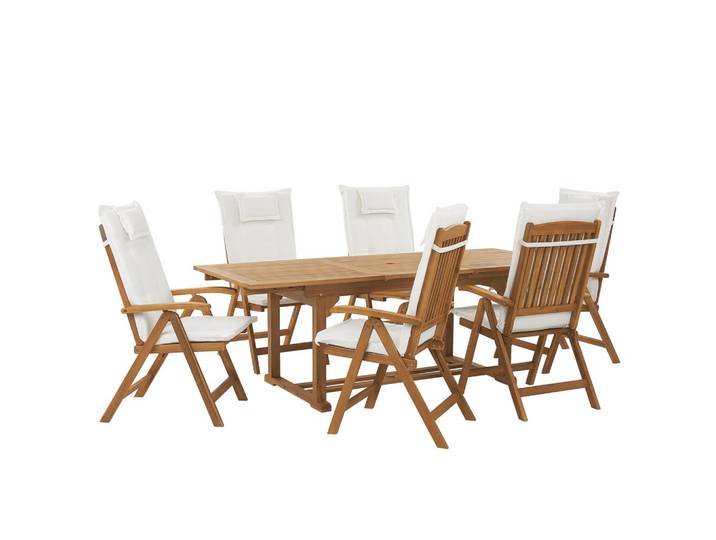 GARTENMÖBEL-SET 6-Sitzer Akazienholz Auflagen cremeweiß Java