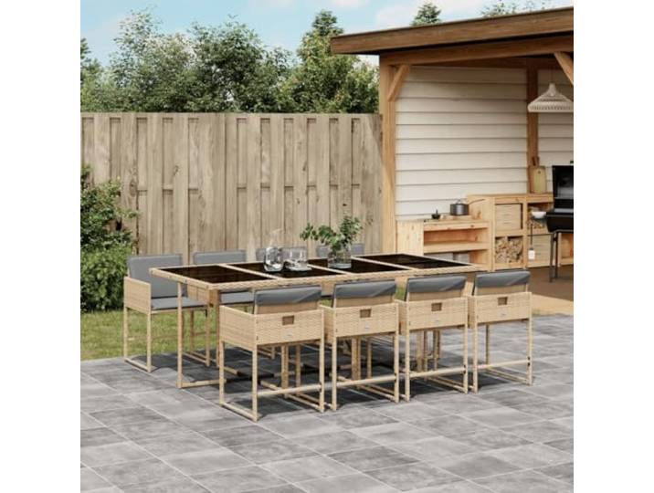 WDGJJFECNMUEHI Poly Rattan Klappstühle Garten Essgruppe Beige 9 teilig 9-tlg. Garten-Essgruppe mit Kissen Beigemischung Poly Rattan UV-beständig klappbar Glas-Tischplatte für Terrasse Balkon Hof