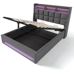 OKWISH Polsterbett 200×160 LED-Beleuchtung USB-Anschluss Lattenrost Massivholz Stauraum gepolstertes Kopfteil Komfort Leinen Grau