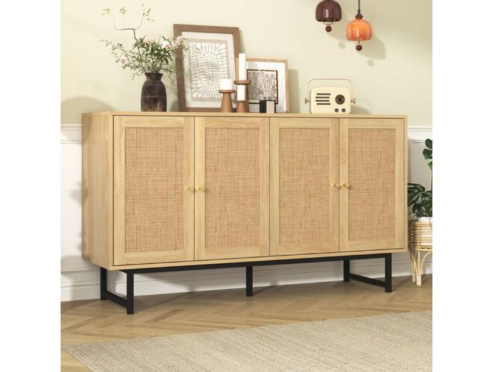 Buffet 140x39 5x80 cm avec tressage en rotin véritable 4 portes