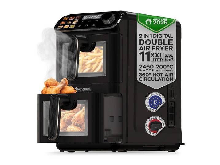 TurboTronic by Z-Line Heißluftfritteuse mit 2 Kammern Übereinander, XXL Doppelkammer Airfryer 11L, Dual Zone, 2460 W, Umluft Backofen Edelstahl fettarmes gesundes Kochen wenig Öl