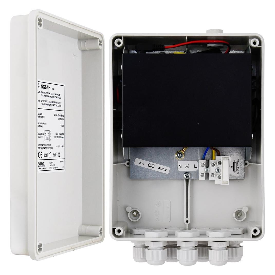 Pulsar SG64H 6-Port-Switch mit Netzteil für 4 IP-Kameras im hermetischen Gehäuse (6 Ports) (SG-64H)