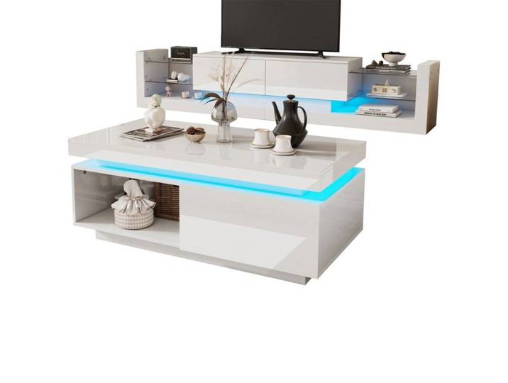 Ensemble Meuble TV-Blanc Brillant-Meuble TV Mural-Table Basse-Set Salon Moderne-Rangement Fonctionnel-Design Épuré