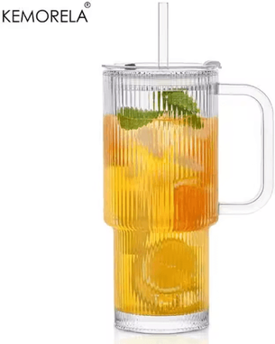 Inspire Picks 760 Ml Ribbed Glass Tumbler With Handle Lid Large Iced Coffee Mug With Straw 1 To 2 PCS 1pc 760ml