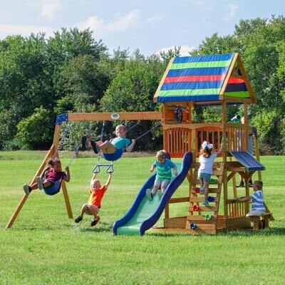 "Backyard Discovery Beach Front Cedar Wood Swing Set, Slide, Play Deck - 14'1"" x 14'5"""