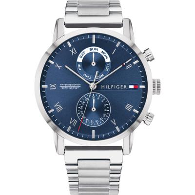 Multifunktionsuhr TOMMY HILFIGER "KANE", blau (silberfarben, blau, blau), Armbanduhren, Herren, silberfarben, Quarzuhr, Armbanduhr, Herrenuhr, Datum, analog, Edelstahlarmband