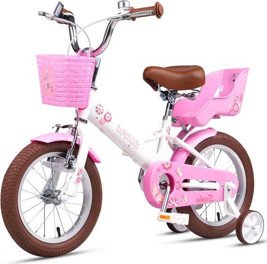 Kinderfahrrad Mädchen - Fahrrad für Kinder - Fahrradfahren lernen - Inklusive Puppensitz - 14 Zoll - Weiß