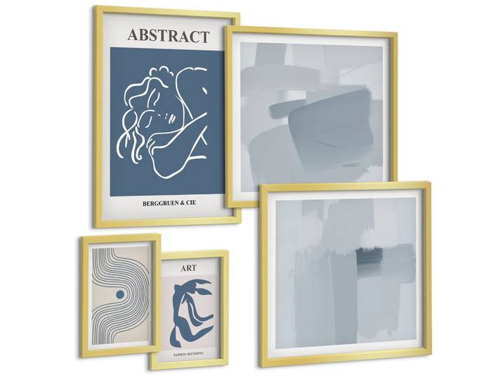 BILDER SET 5er Set - 50x50 cm & 20x30 cm & 40x60 cm Goldrahmen - Poster mit abstrakten Linien und Wellen