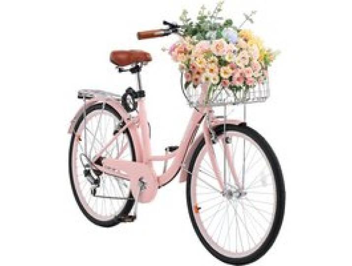 VEVOR Cruiser Fahrrad mit 7 Gängen (Reifendurchmesser 660,4 mm) Beach Fahrrad mit großem Korb & Gepäckträger, Cruiser-Fahrrad mit verstellbarem Sitz, für Radfahren Trainieren & Einkaufen Rosa