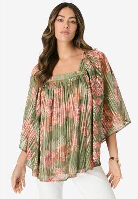 Plus Size Women's Square Neck Lurex Blouse by Roaman's in Olive Safari Blooms (Size 12 W)