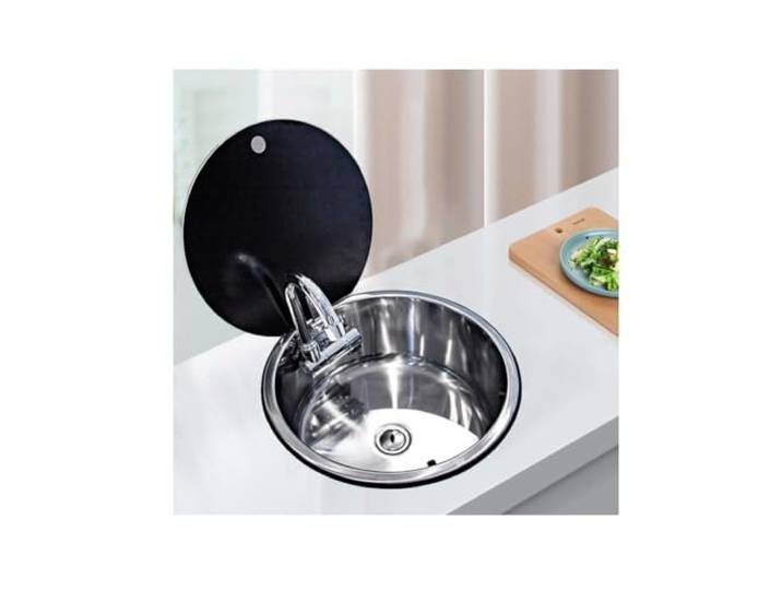 NJDQFA Edelstahl Faltbar Runden Wohnwagen Waschbecken,RV Camping Spüle Bausatz Mit Wasserhahn Und Deckel,Waschbecken Set Für Wohnmobile Bars Cafés