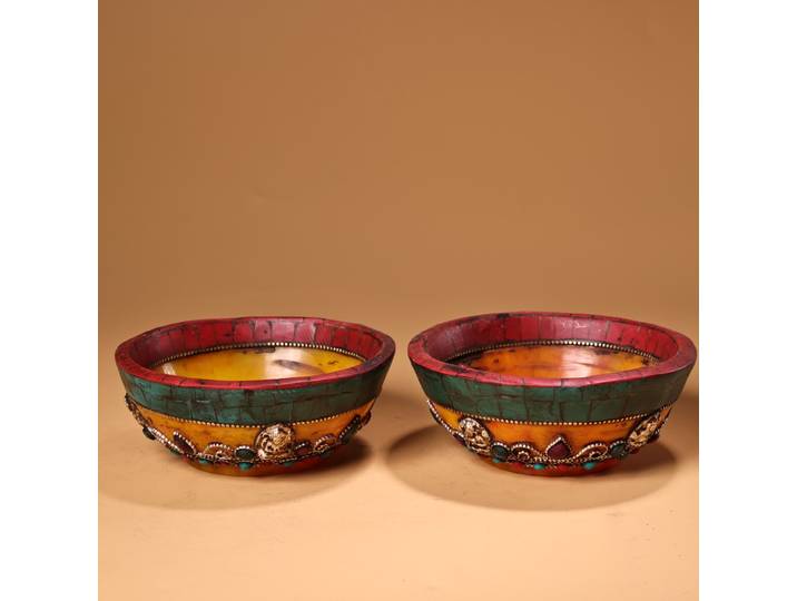 Bol tibétain de prière et de récitation de 5 pouces, en cire d'abeille ancienne, cinabre, mosaïque de pierres précieuses et turquoise, de style folklorique du Xizang, pour la salle de culte