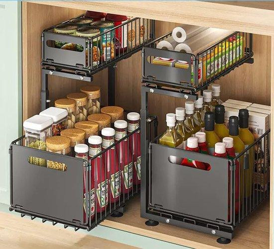 Benza Ibenzoa uittrekbare en verstelbare organizer voor keuken en badkamer, 2-laags opbergrek van koolstofstaal, zwart