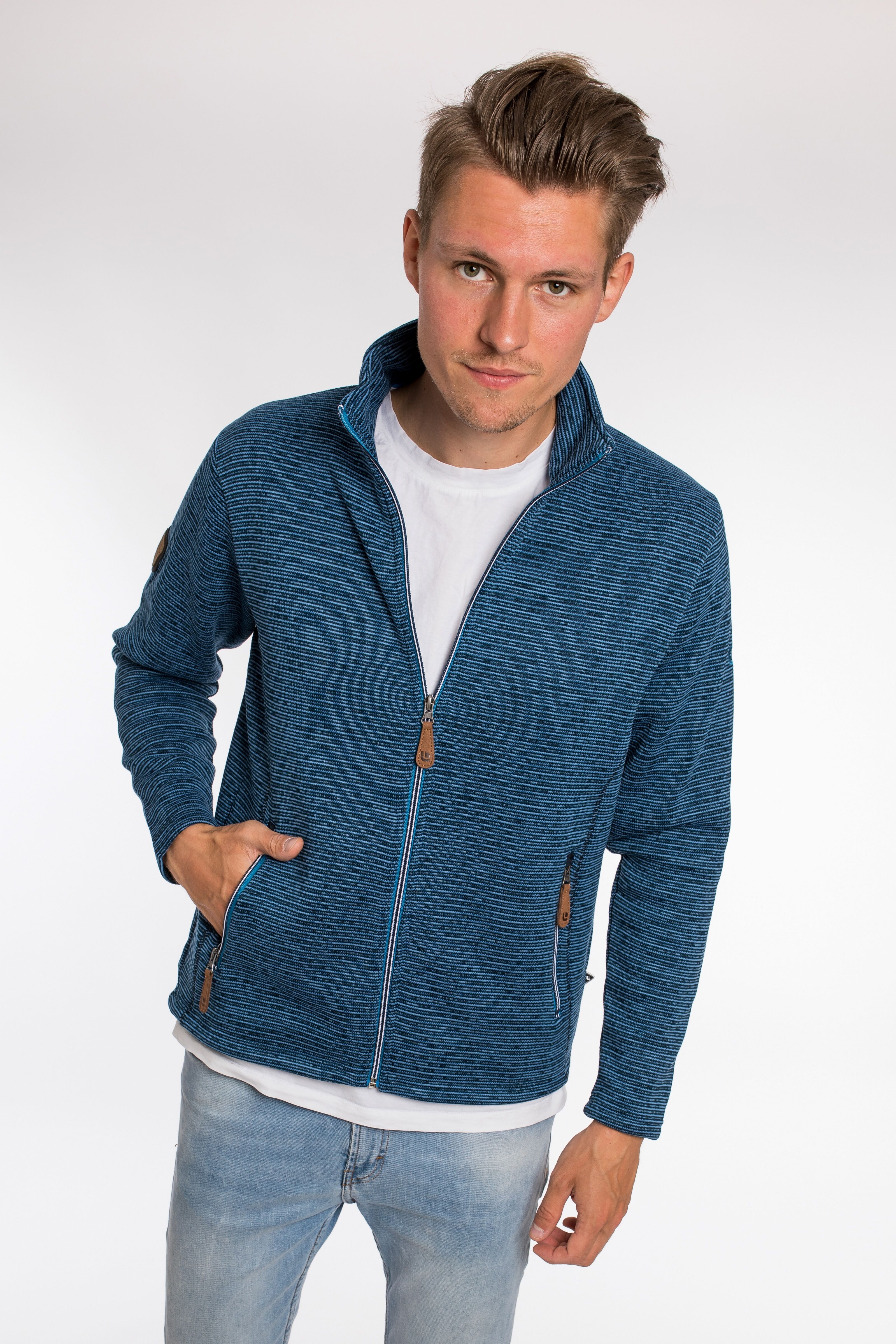 Strickfleecejacke DEPROC ACTIVE "LACEWOOD MEN", Herren, Gr. XXL, blau, Fleece, 100% Polyester, bequem hüftbedeckend, gerader Abschluss mit Kordelzug,mit Reissverschluss, Jacken Strickfleecejacke, Kontrastreissverschluss blau XXL