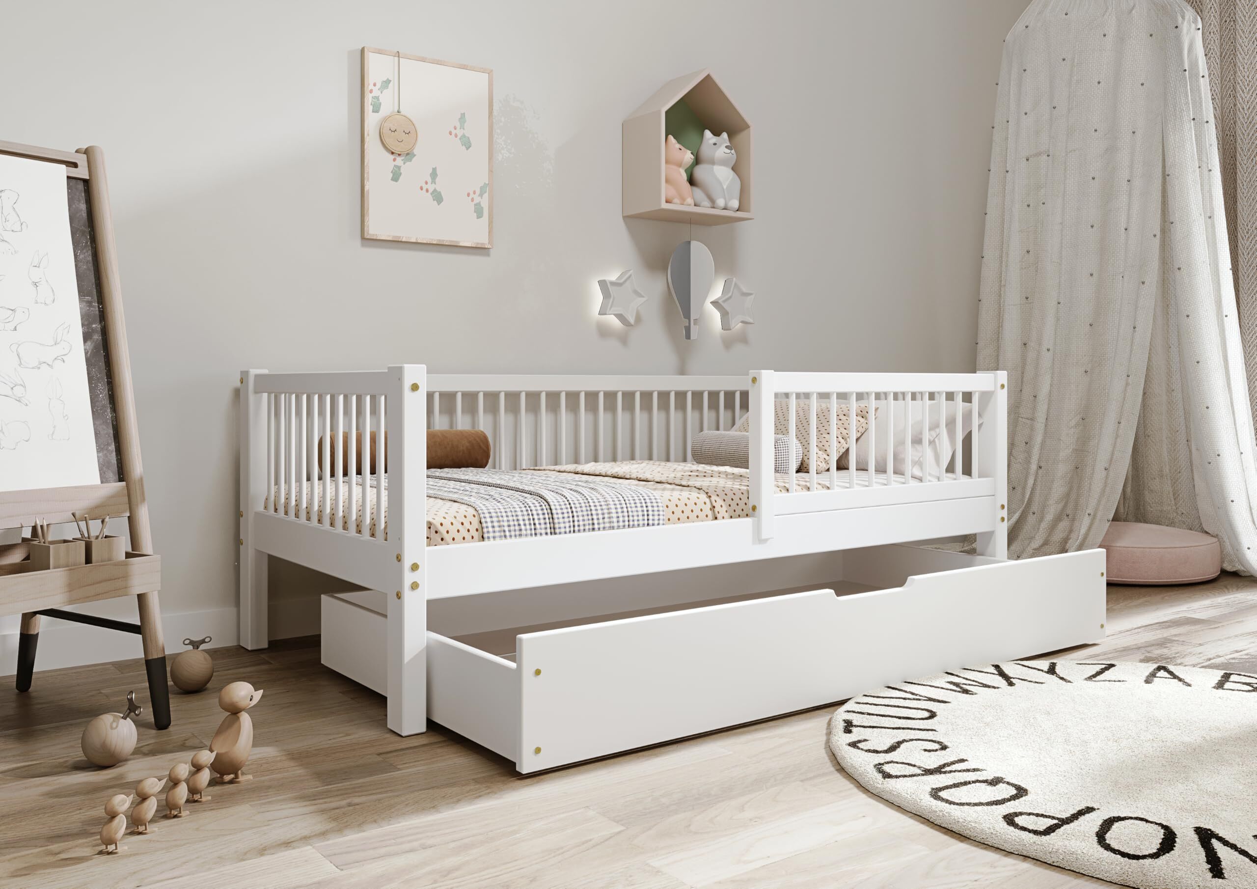 TIMBEE Alfi Box Kinderbett 80x160 mit Schublade Kiefernholz Bett Weiß