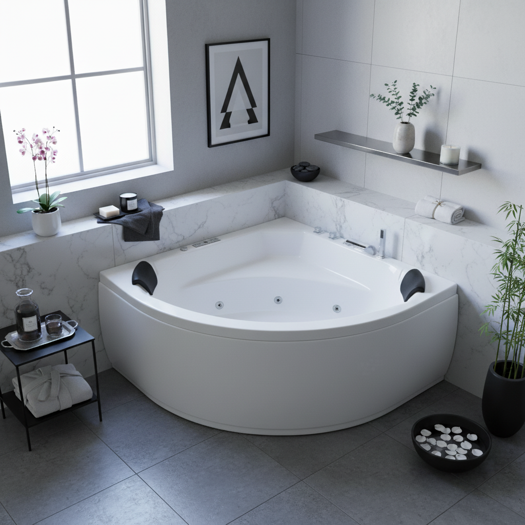 Indoor Whirlpool Eckbadewanne 155x155 cm, 25 Massagedüsen Heizung LED, Einbau für 1 Person, Glasfaser-Acryl, Caribia APOLLO Deluxe, Made in Germany