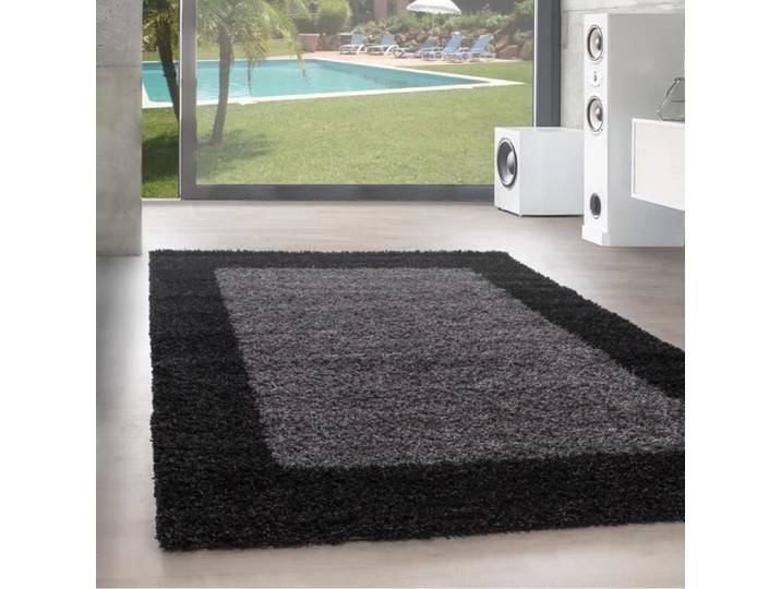 Tapis de salon Shaggy haut fleuri noir gris - Synthétique - 240x340 cm