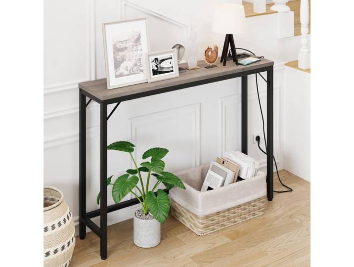 Console étroite industrielle 100x23x80 cm avec prises européennes et ports USB – Table d'appoint robuste – Gris