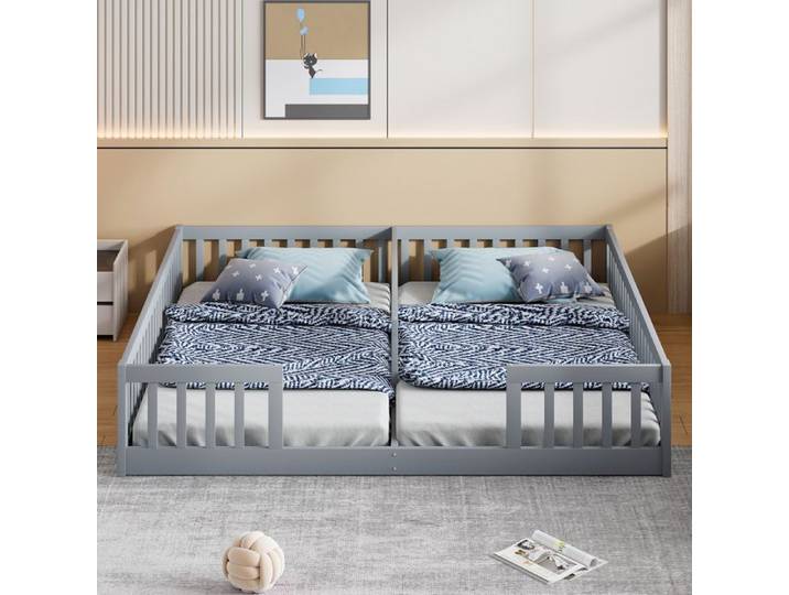 Lit enfant avec barrière - 90x200 cm - Gris - Bois de pin - Style minimaliste - Barrière de sécurité - Sans sommier