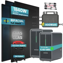 SUNNIVA® 1840W Balkonkraftwerk mit 4,48 kWh Speicher Marstek B2500-D & 800W Wechselrichter, BIFAZIAL FULLBLACK komplett Steckdose, PV Solaranlage Komplettset mit Solarspeicher, 4x460W N-Type Glas-Glas
