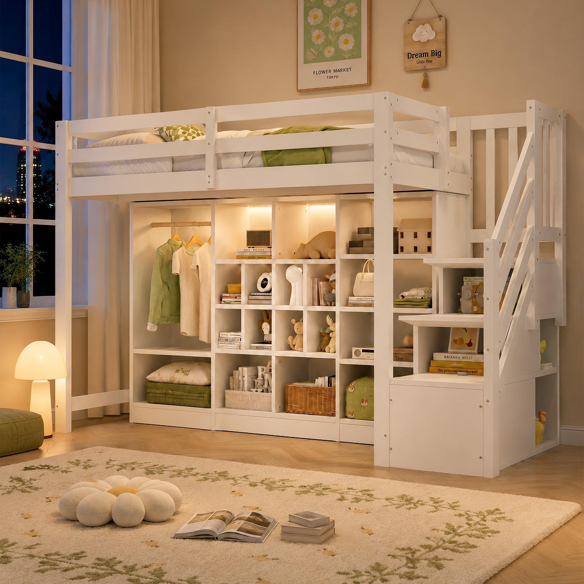 Merax Etagenbett Hochbett 90x200cm mit Stauraumschränken, Kinderbett mit mehreren Fächern und Kleiderschrank, LED-Beleuchtung, Integrierte Leiter,Weiß